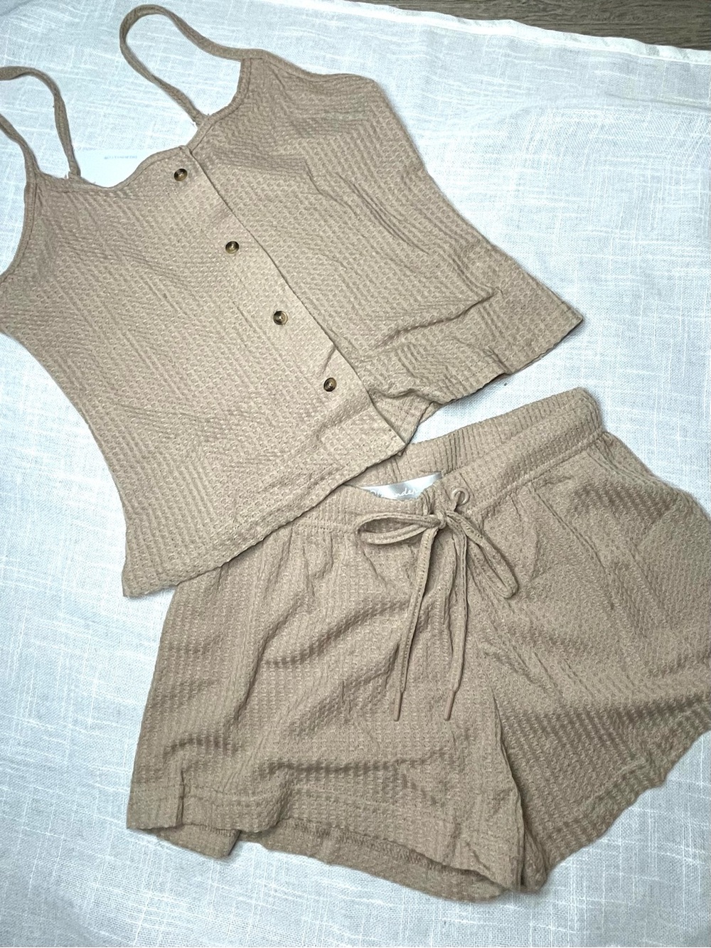 Cozy Beige Textured Knit Cami & Drawstring Shorts Sleep Set